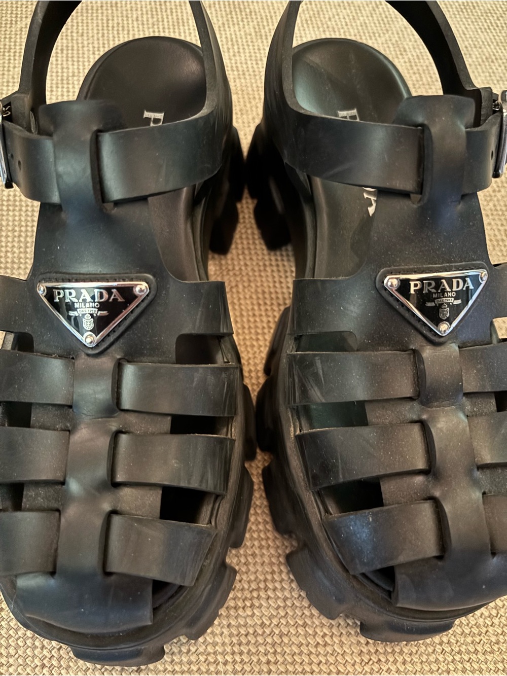Prada Black Fisherman Sandals with Logo Plaque - Picture 10 of 15